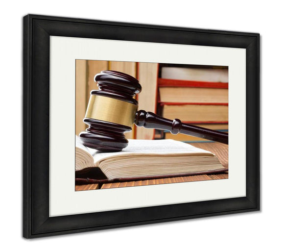 Framed Print, Supreme Court Law Book Wooden Judges Gavel On Table Courtroom