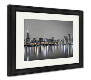 Framed Print, View Of Chicago Skyline Over Lake Michigan At Night