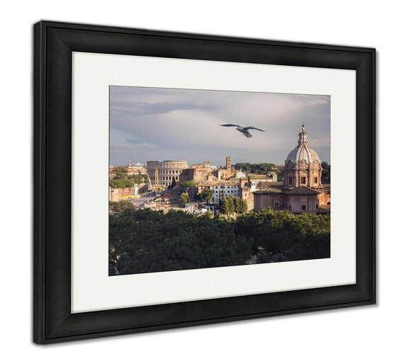 Framed Print, View Historical Center Rome Colosseum On Sunny Spring Day Flying