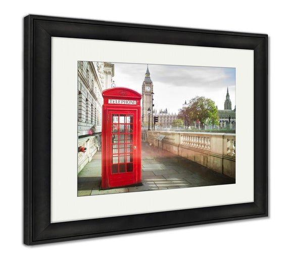 Framed Print, Big Ben And Red Phone Cabine In London