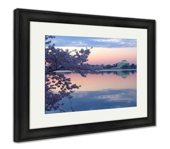 Framed Print, Jefferson Memorial Cherry Trees Blossom Around Tidal Basin