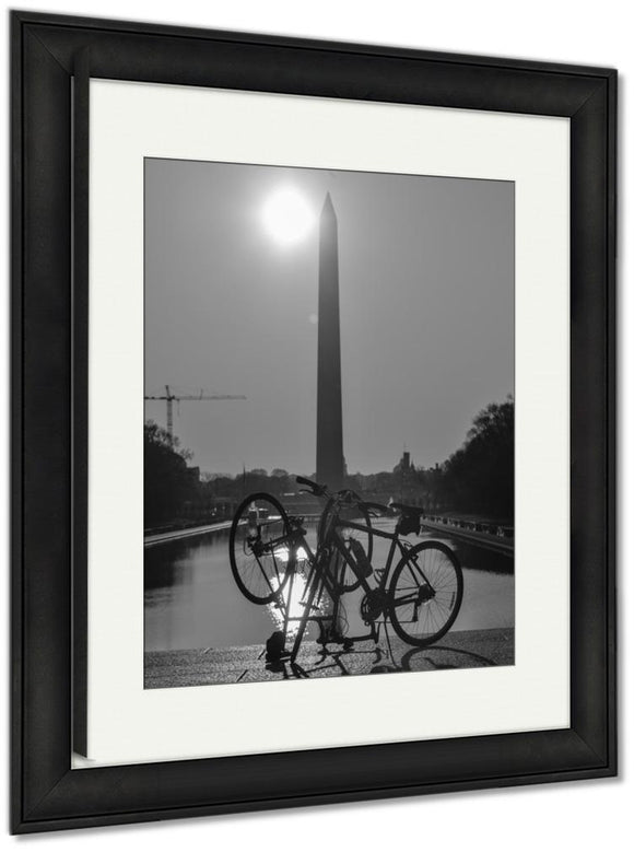 Framed Print, Washington Dc Washington Monument And Tour Bikes Silhouettes Travel Symbol