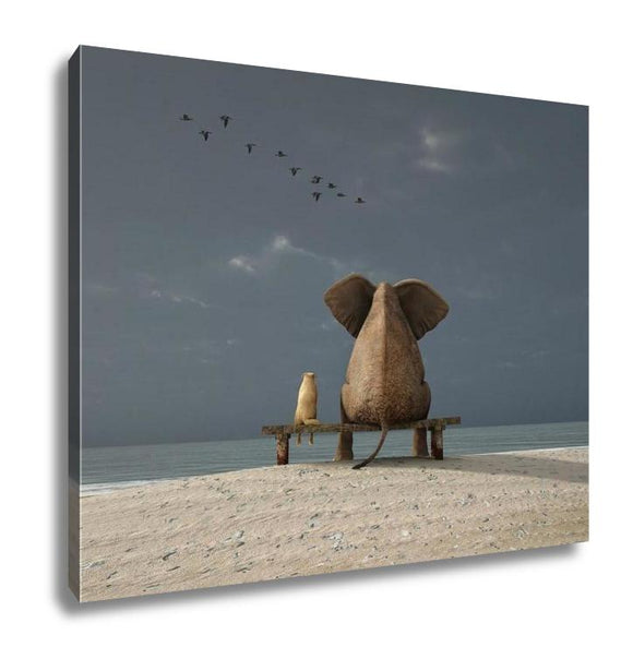 Gallery Wrapped Canvas, Elephant And Dog Sit On A Deserted Beach