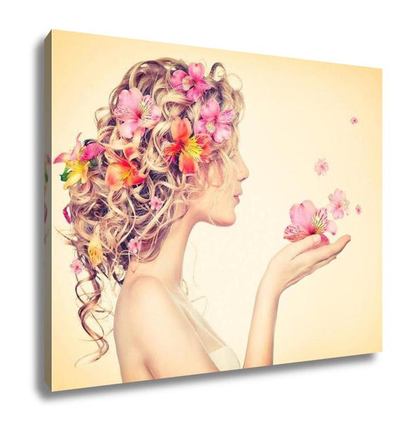 Gallery Wrapped Canvas, Fantasy Art Beauty Girl Takes Beautiful Flowers Her Hands