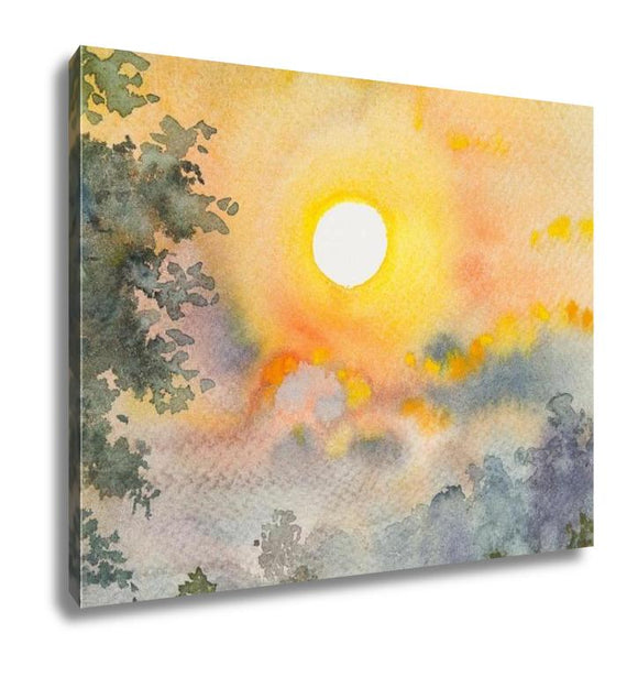 Gallery Wrapped Canvas, Watercolor Original Landscape Painting Yellow Red Color Of Sunshine And Cloud