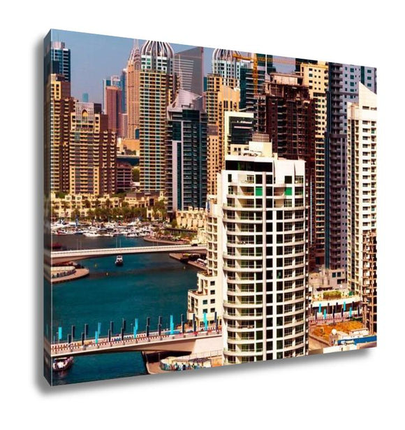 Gallery Wrapped Canvas, Amazing Colorful Dubai Marinskyline Water Canal Expensive Yachts