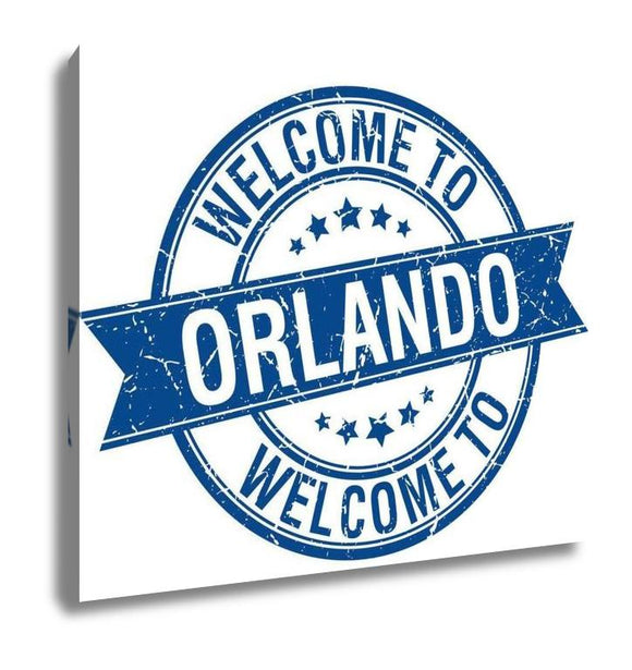 Gallery Wrapped Canvas, Welcome To Orlando Blue Round Ribbon Stamp