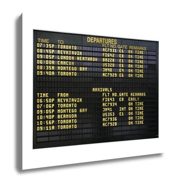 Gallery Wrapped Canvas, Airport Board Showing Departures And Arrivals To Various Cities Isolated On