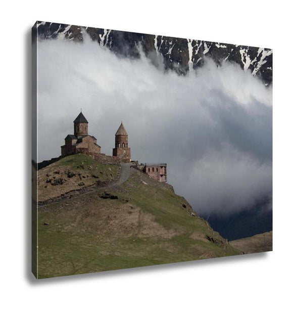 Gallery Wrapped Canvas, Photo Trinity Church In Gergeti Against The Backdrop Of Snowy Mountains And