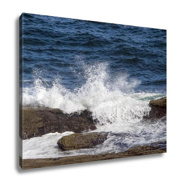 Gallery Wrapped Canvas, Ocean Waves Splash Over Rocks On Maines Coast Near Pemaquid Point