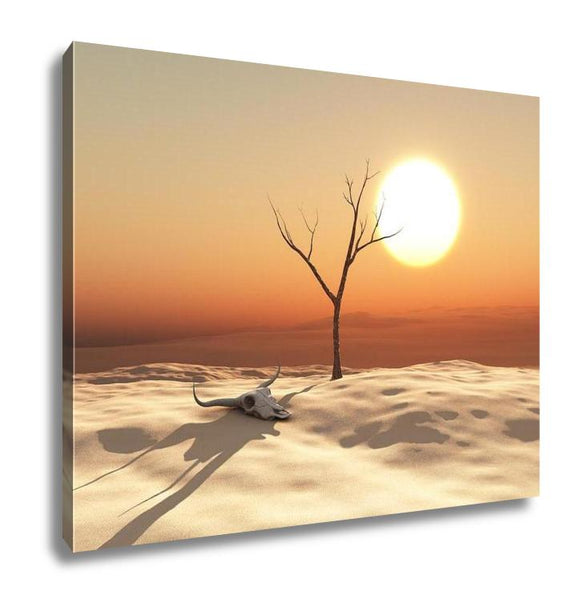 Gallery Wrapped Canvas, 3d Illustration Of A Desert Landscape With Cow Skull And Dead Tree