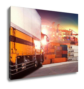 Gallery Wrapped Canvas, Container Truck In Shipping Port Container Dock And Freight Cargo Plane Flying