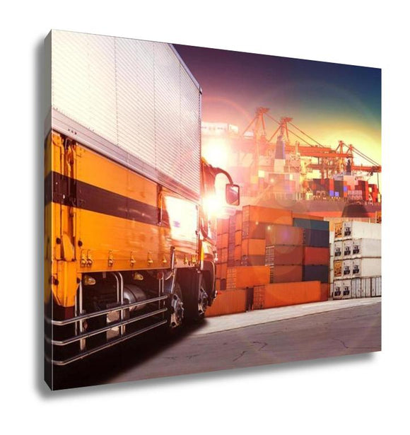 Gallery Wrapped Canvas, Container Truck In Shipping Port Container Dock And Freight Cargo Plane Flying